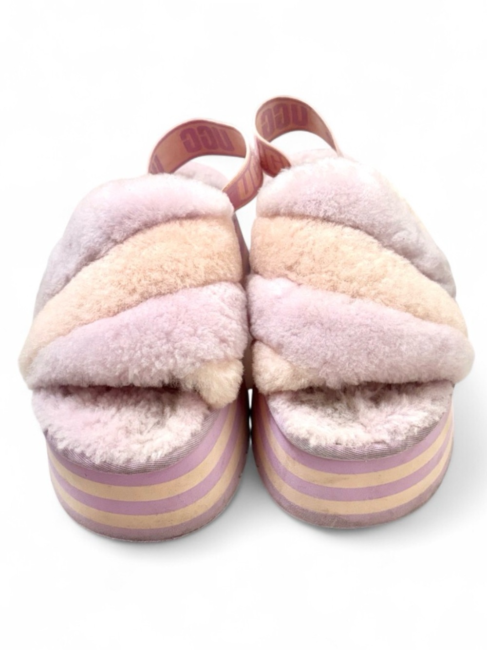 UGG Disco Stripe Pastel Fuzzy Platform Sandals Slides Women’s Size 9 - Picture 2 of 6
